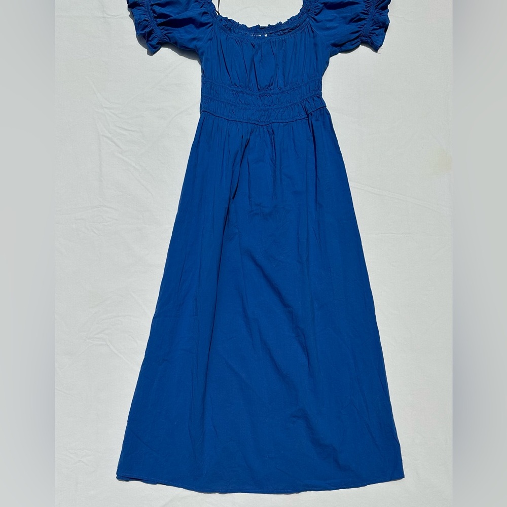 blue puff sleeve midi dress